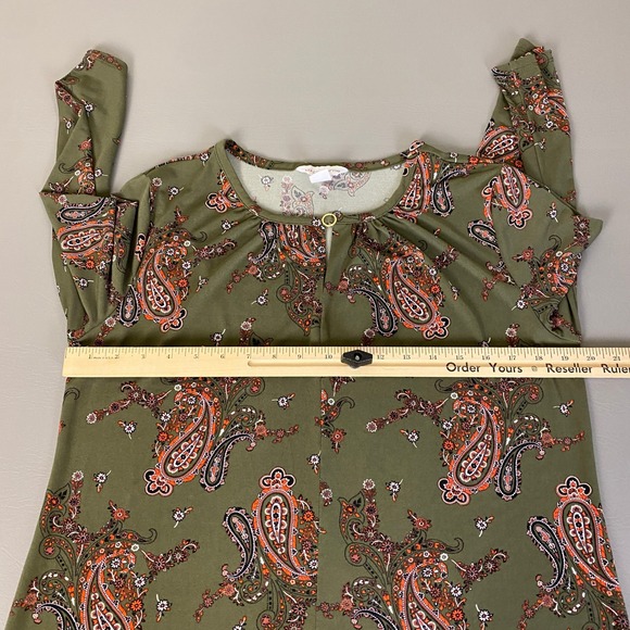 Liz Claiborne Paisley Print Blouse Top Olive Green Large Keyhole‎ 3/4 Sleeve - Picture 5 of 10